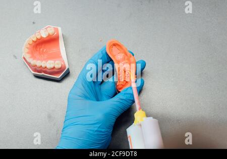 From above back view of crop male orthodontist using professional equipment while working with dental cast in modern laboratory Stock Photo