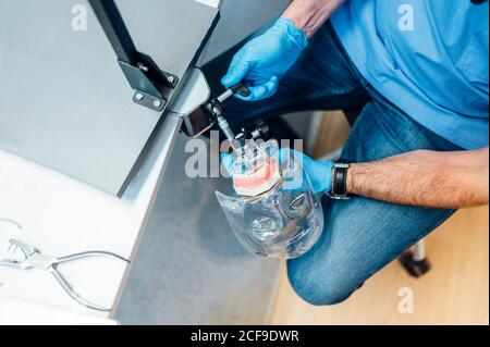 From above of crop male dentistry student in uniform and gloves preparing dental simulator for treatment during work in modern classroom Stock Photo