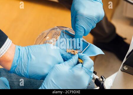 From above of crop dentistry teacher helping student in performing operation while working with dental simulator in modern laboratory Stock Photo