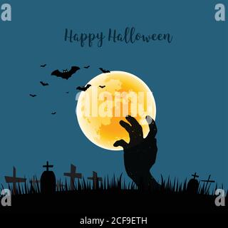 Happy halloween. Illustration of hand of ghost in cemetery on full moon background. Stock Vector