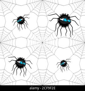 Spiders on webs seamless pattern on white background repeats seamlessly. Halloween spiderweb and black spider on white background. Vector illustration Stock Vector