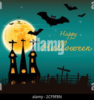Halloween bats and castle on fullmoon background. Vector illustration. Stock Vector