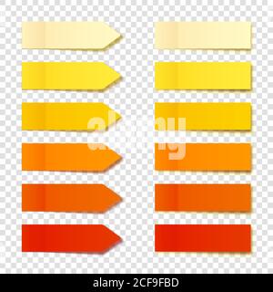 Realistic orange sticky notes collection. Arrow flag tabs. Post note stickers. Colorful sticky paper sheets. Vector illustration. Stock Vector