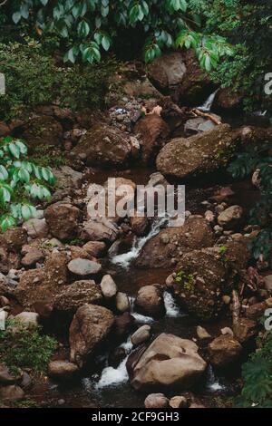 From above of small creek with green moss growing on big rocks among tropical plants in summer Stock Photo