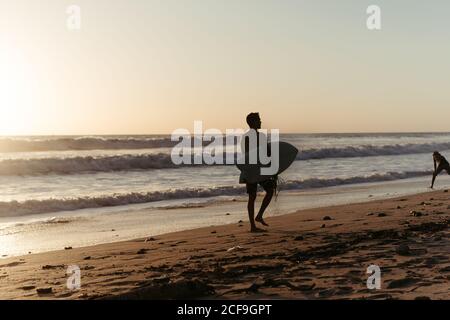 Back view of anonymous man silhouette holding surfboard while walking along sandy seashore in summertime during sunset