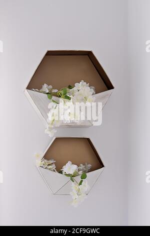 Hexagonal decorative flower storage shelf on white wall. Wedding decor Stock Photo