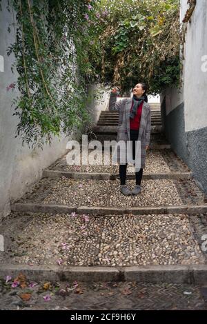 Young female in casual clothing touching green plants and smiling at rocked lane Stock Photo