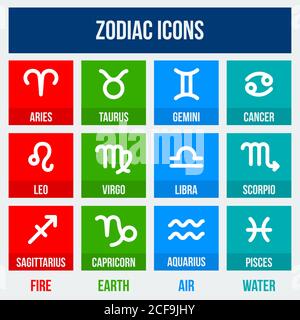 Zodiac signs in flat style. Set of colorful square icons.  Vector illustration. Stock Vector