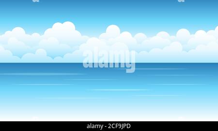Blue sea wave with white clouds cartoon, sky background landscape vector design Stock Vector