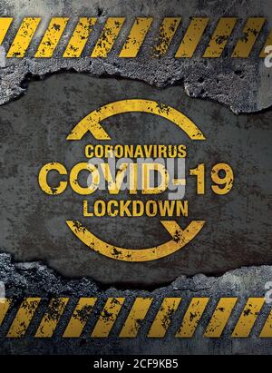 Covid-19 (Coronavirus) lockdown sign on concrete cement wall background Stock Photo