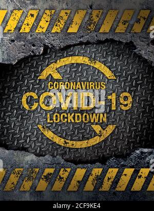 Covid-19 (Coronavirus) lockdown sign on rusty metal background Stock Photo