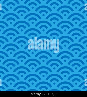 Blue fish scale background of concentric circles. Abstract seamless pattern looks like sea waves. Vector illustration. Stock Vector