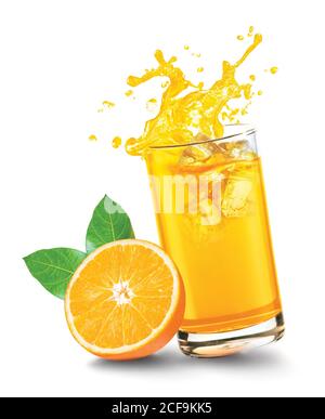 Splashing orange juice with ice cubes and fruits Stock Photo