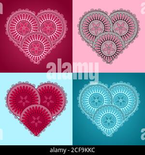 Set of four Valentine's Day Card with patterned heart in different colors Stock Vector