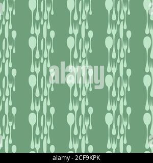 Cutlery seamless vector pattern. Silverware hand implements - spoon, knife and fork silhouettes mosaic arranged in vertical stripes on green background. Restaurant and meal theme wallpaper design. Stock Vector