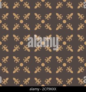 Fleur de lis in diagonal arrangement with dot in the middle. Abstract retro geometrical seamless pattern. Beige vector illustration on brown background. Stock Vector