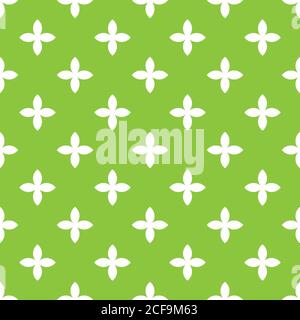 Abstract vector seamless pattern mosaic of white four leaf blooms in diagonal arrangement on green background. Simple flat natural design wallpaper. Stock Vector