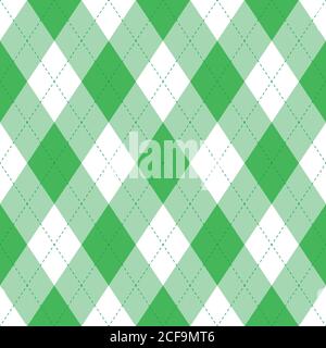 Green argyle seamless pattern background. Irish or St. Patrick theme. Diamond shapes with dashed lines. Simple flat vector illustration. Stock Vector