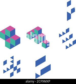 Cross of cubes. Retro colored. Isometric 3D vector object. Stock Vector