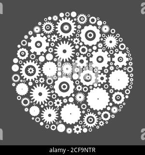 Cog wheels arranged in circle shape. White abstract vector illustration on grey background. Stock Vector
