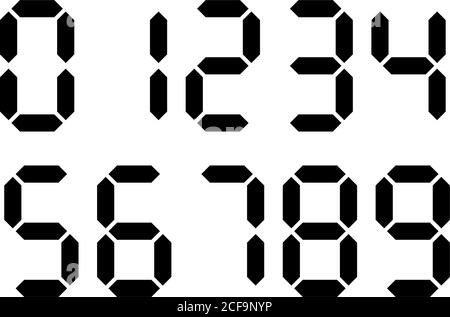 Black digital numbers. Seven-segment display is used in calculators, digital clocks or electronic meters. Vector illustration. Stock Vector