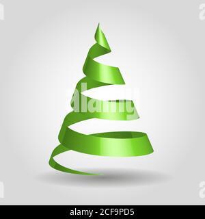 Simple green ribbon in a shape of Christmas tree. Merry Christmas theme. 3D vector illustration with dropped shadow and gradient background. Stock Vector
