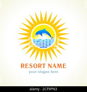 Dolphin jumps, sea, sun, travel vector logo. Branding identity of hotels, tourist business, spa, beach service, healthcare, resort or hotel by ocean Stock Vector
