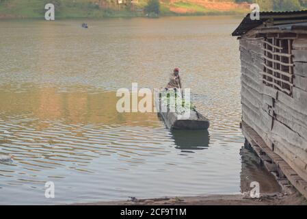 Uganda - November 26, 2016: High angle of pensive African man standing in wooden boat with bunch of green bananas and heads of cabbage against wooden rustic building at pier while preparing to sell food products on local market Stock Photo