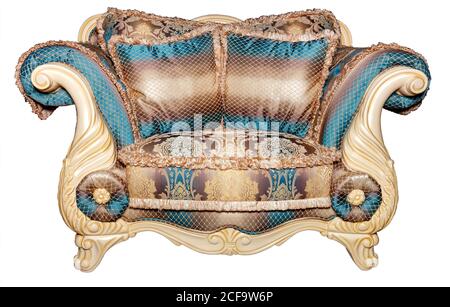 Luxurious sofa for two, upholstered in an expensive brocade textile fabric, isolated on a white background. Stock Photo
