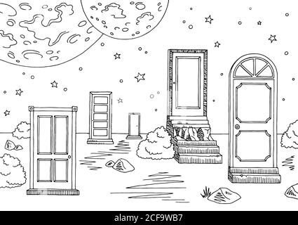 Doors landscape graphic black white sketch illustration vector Stock Vector