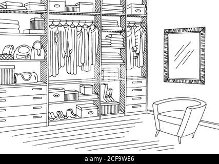 Wardrobe room graphic black white interior sketch illustration vector Stock Vector