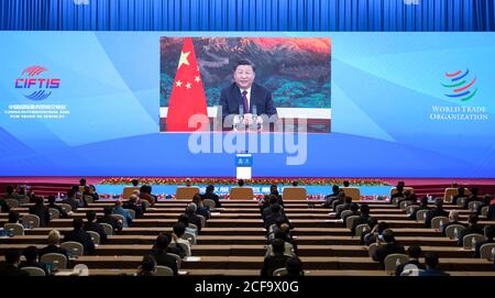Beijing, China. 4th Sep, 2020. Chinese President Xi Jinping addresses the Global Trade in Services Summit of the 2020 China International Fair for Trade in Services (CIFTIS) via video on Sept. 4, 2020. Credit: Li Tao/Xinhua/Alamy Live News