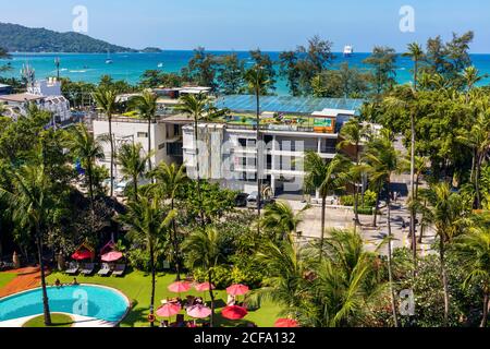 Hotel and gardens in landscape view of Patong Beach, Phuket, Thailand Stock Photo