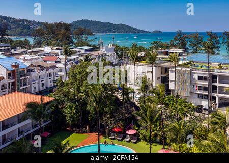 Hotel and gardens in landscape view of Patong Beach, Phuket, Thailand Stock Photo