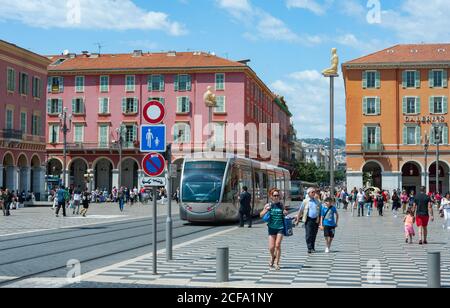 Nice, France - 16th may 2015: Tram passing through Place Massena in downtown Nice on the French Rivera Stock Photo