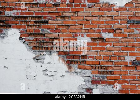 Grunge brick wall with crumbling plaster, brick texture, abstract background Stock Photo