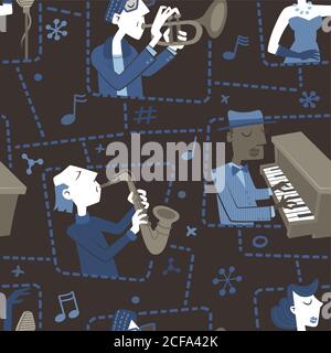 Vector seamless pattern. Background made with retro style illustrations of various jazz musicians. Stock Vector
