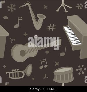 Vector seamless pattern. Background made with retro style illustrations of various musical instruments and music notes. Stock Vector