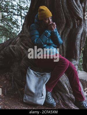 Young girl in warm active wear sitting with backpack on old massive tree root and warming hands during trekking in autumn forest Stock Photo