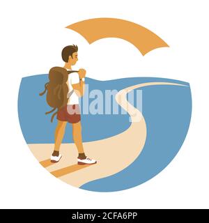 Young man travels with a backpack. Stock Vector