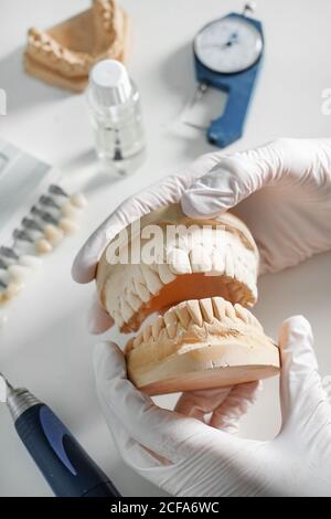From above of crop anonymous dentist in medical gloves working with dental prosthesis in modern laboratory Stock Photo