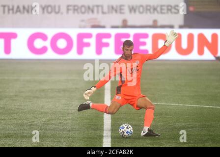 Alexander Callens (6) of NYCFC scored goal with header shot during MLS  regular season game against New England Revolution at Yankee stadium. Game  was played without fans because of COVID-19 pandemic precaution.