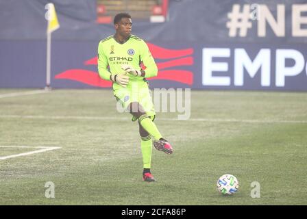 Alexander Callens (6) of NYCFC scored goal with header shot during MLS  regular season game against New England Revolution at Yankee stadium. Game  was played without fans because of COVID-19 pandemic precaution.