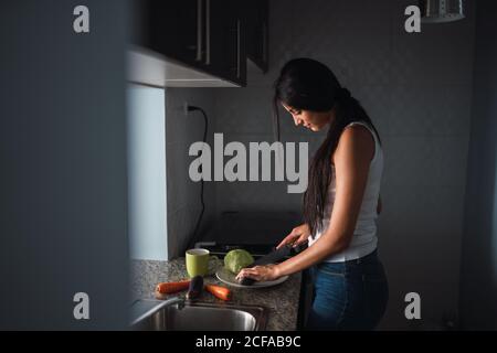 Beautiful passionate brunette Hispanic Woman cutting vegetables in modern kitchen Stock Photo