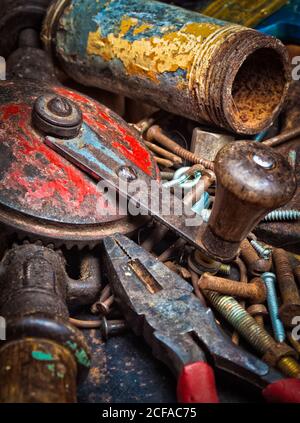 Grunge stack of old rusty manual tools Stock Photo