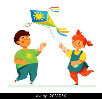 Happy children flying a kite - flat design style illustration Stock Vector