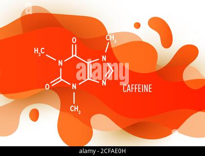 Structural chemical formula of caffeine with red liquid fluid gradient shape with copy space on white background. Can be extracted from coffee, tea, and many soft drinks and energy drinks. Stock Vector