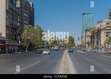 car and pedestrian traffic on avenue Libertador Bernardo O Higgins, Santiago, Chile