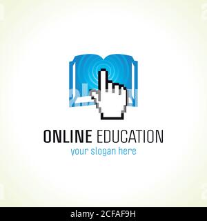 Online education vector logo with pixel hand, open book and radio waves. Internet school sign. E book or e reader computers settings or smartphone app Stock Vector