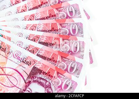 A fan of 50 British pound notes in studio Stock Photo